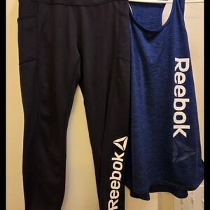 Reebok Women's Black Leggings and Blue Tank Set